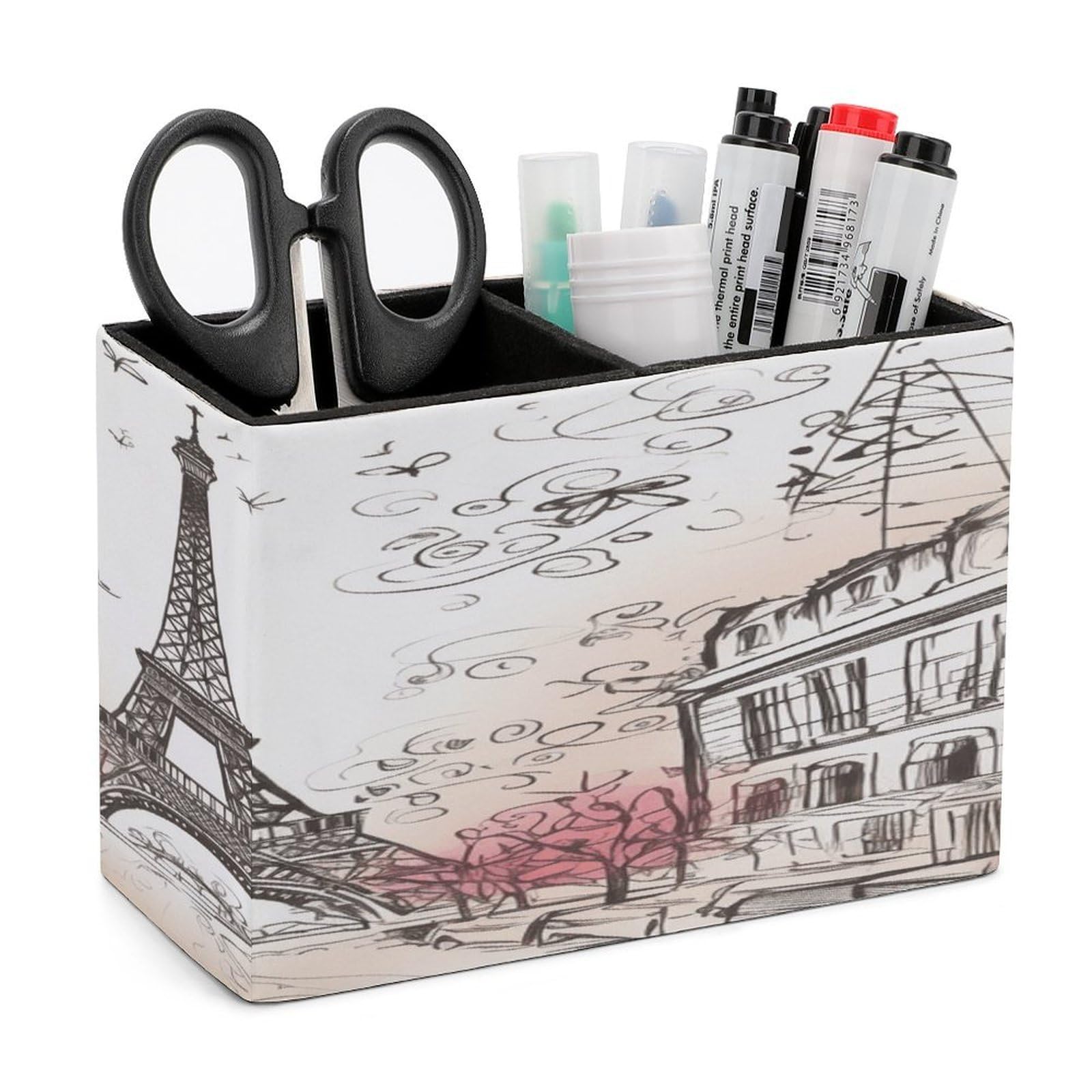 VstaDank French Paris Tour Eiffel Tower Pencil Holder for Desk Organizer 2 Compartments Pen Cup Leather Square Pen Holder Pencil Cup Stand Makeup Brush Holders for Desktop Organizer Storage Case