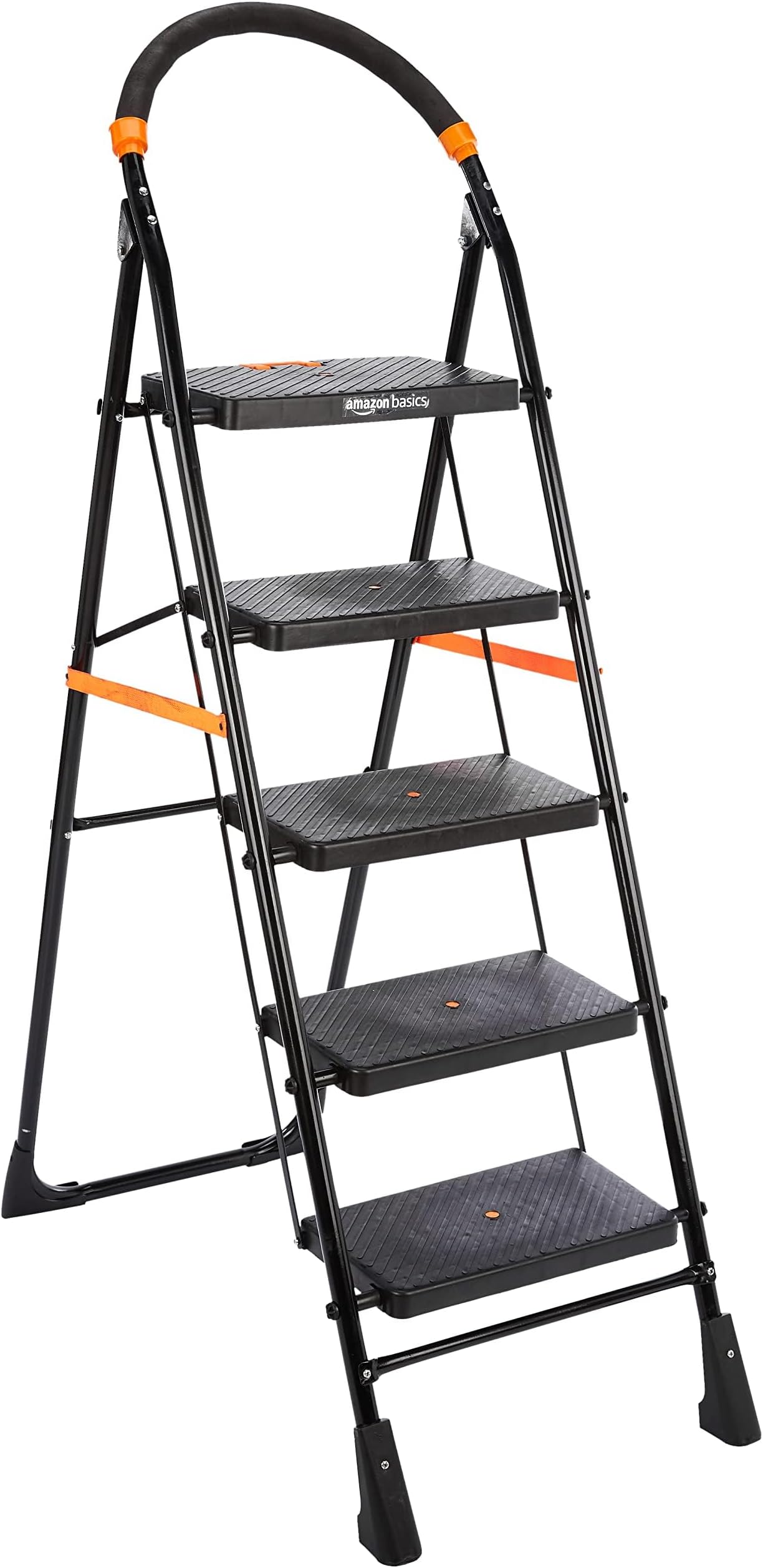 Amazon Basics Clamber - Foldable Step Ladder, Safety-Clutch Lock, Ribbed Steps, Knee Guard, Non-Marring PVC Shoes, 5 Steps (Steel, Black & Orange)