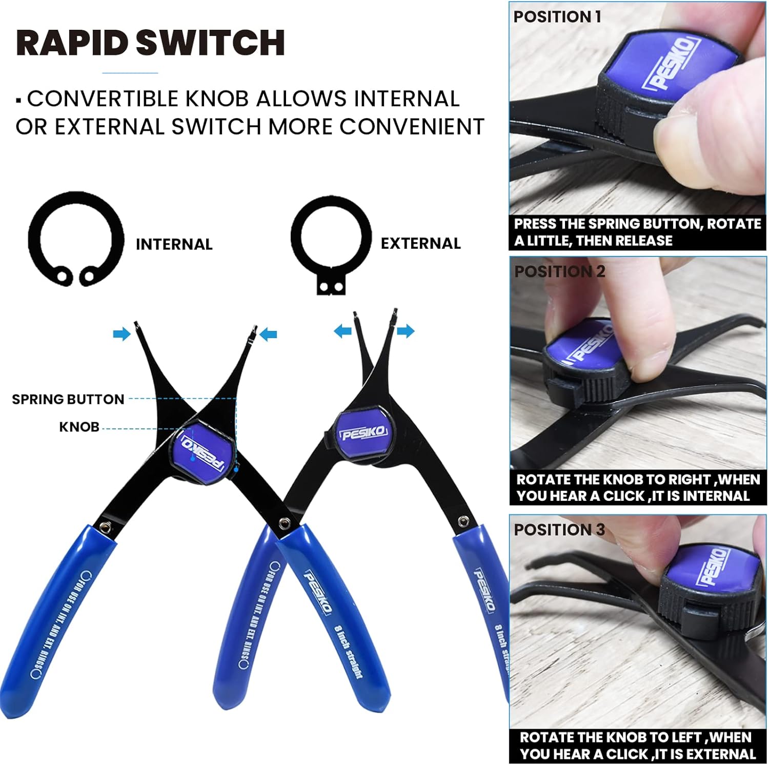 12-Piece Snap Ring Pliers Set Heavy Duty, Internal External Convertible Fixed Tip Snap Ring Pliers 0.038in 0.047in 0.070in 0.090in