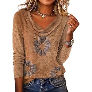 Womens Casual Sweaters Trendy Camel Floral Knit Sweater 2025 Fall Winter Cowl Neck Long Sleeve Cozy Outfits