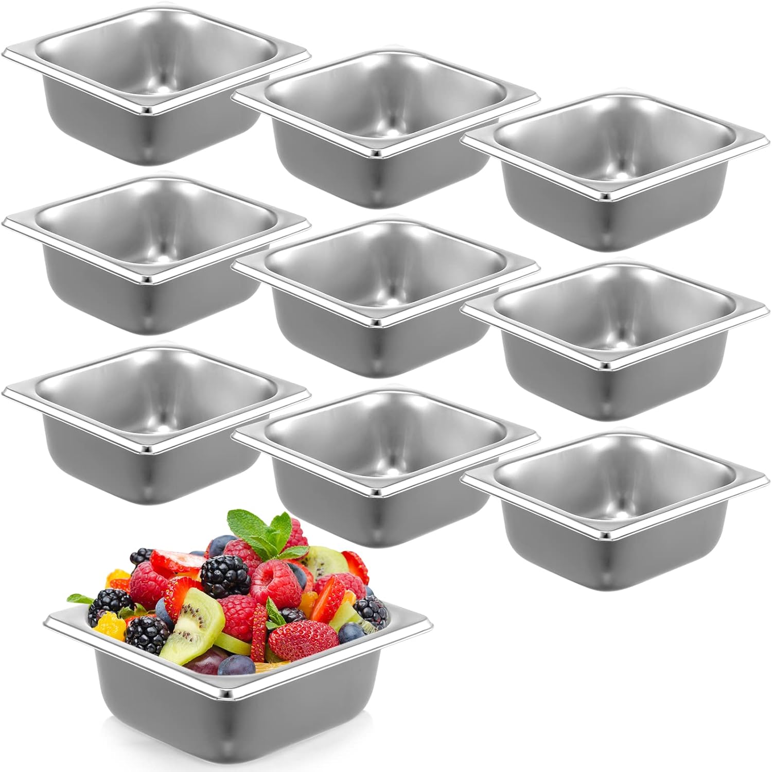 Thenshop 10 Pack 1/6 Size 2.5 Inch Deep Hotel Pans Stainless Steel Steam Table Food Pan Commercial Metal Food Catering Tray Anti Jam for Hotel Restaurant Buffet Party Supplies(Standard)