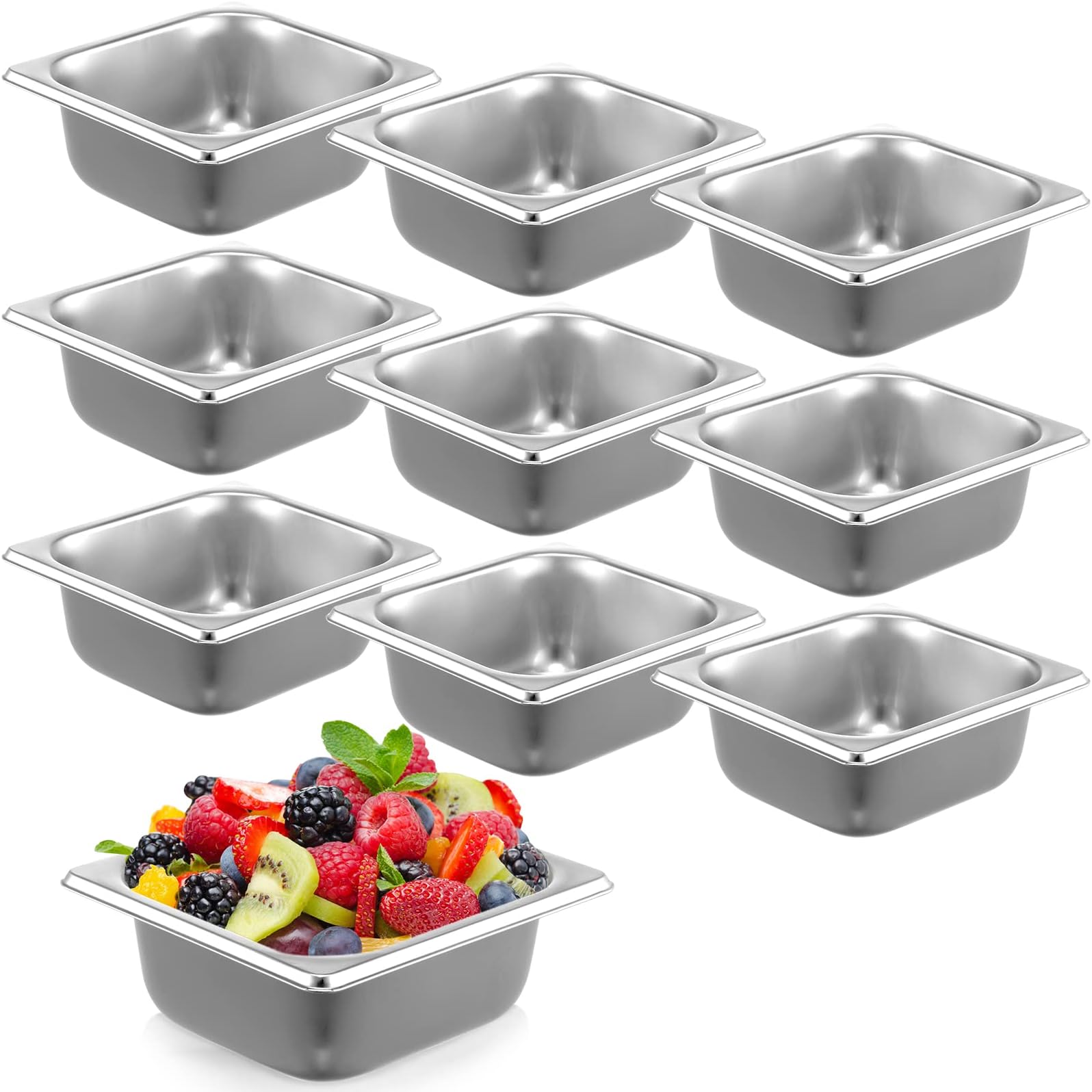 Thenshop 10 Pack 1/6 Size 2.5 Inch Deep Hotel Pans Stainless Steel Steam Table Food Pan Commercial Metal Food Catering Tray Anti Jam for Hotel Restaurant Buffet Party Supplies(Standard)