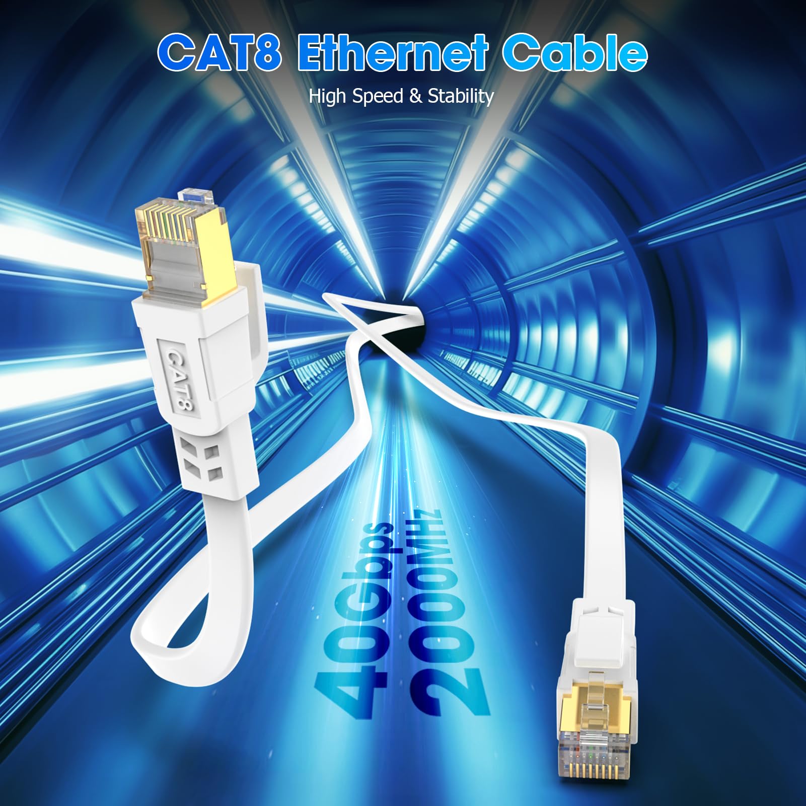 Cavo Ethernet Cat 8 da 45,7 m, cavo di rete LAN Cat8 ad alta velocità, 40 Gbps 2000 MHz, RJ45, piatto, resistente alle intemperie, S/FTP, resistente ai raggi UV, per gaming/router/modem, per esterni e