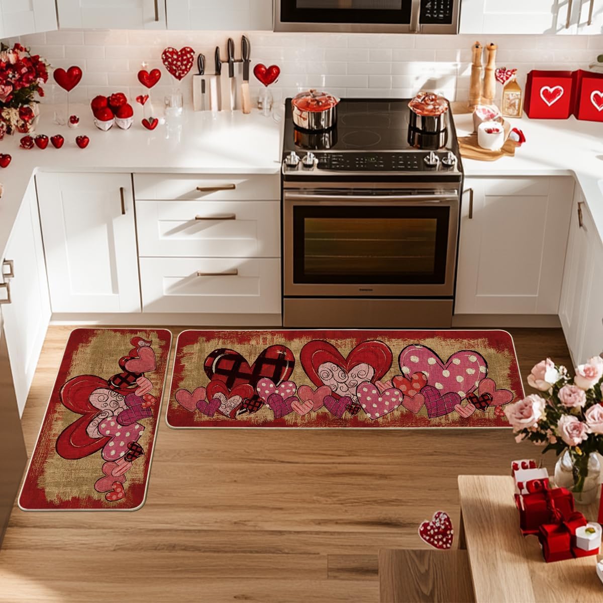 Artoid Mode Love Heart Buffalo Plaid Valentine's Kitchen Mats Set of 2, Home Decor Low-Profile Kitchen Rugs for Floor - 17x29 and 17x47 Inch