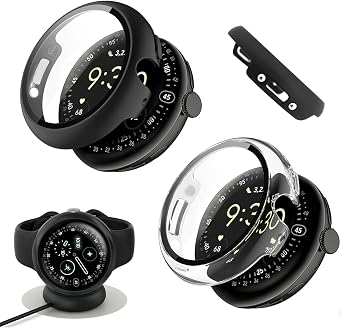 2Pack - Watch Cases Compatible with Google Pixel Watch 4 2025 45mm, Charge with Case On, HD Tempered Glass Screen Protector, Touch-Sensitive, Shockproof, Black + Clear