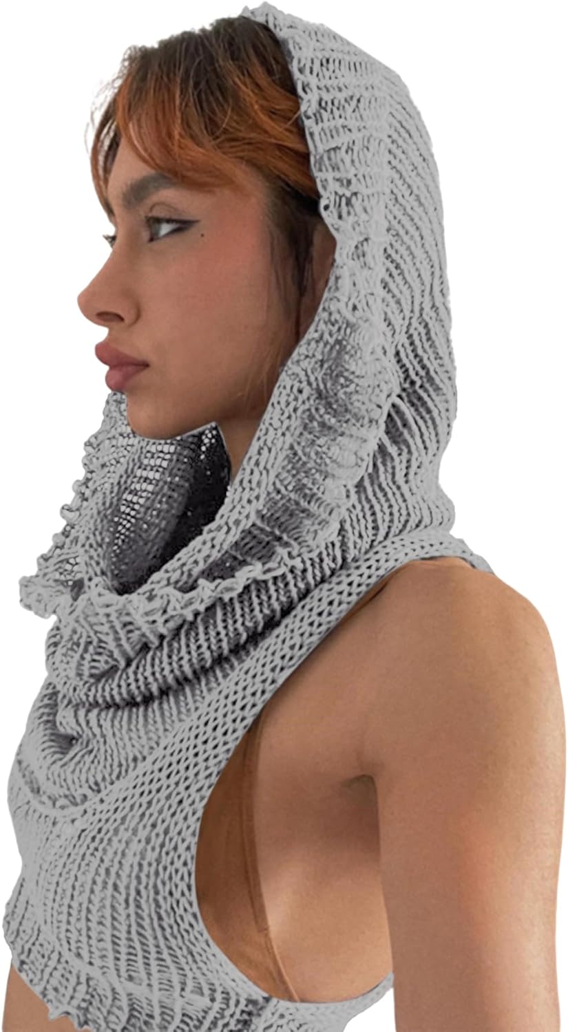 Women Knitted Hoodie Sweater Vest Sexy Sleeveless Hollow Out Hooded Crop Top Streetwear Rave Oufit - Image 3