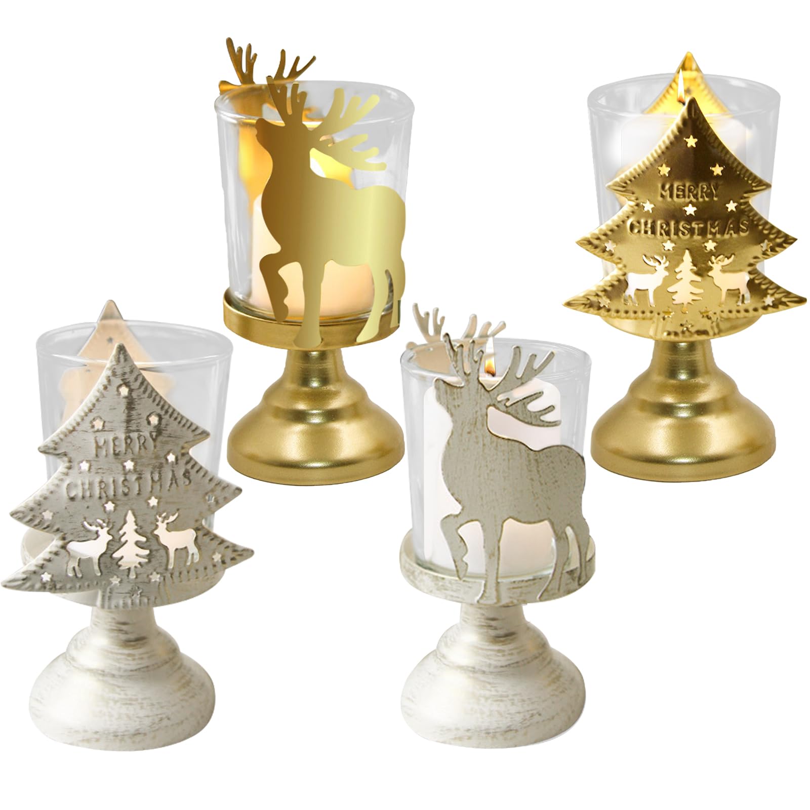 Uoxmiy White Reindeer Shadow Candle Holders 4Pcs, Vintage Metal Christmas Pillar Candle Holders, Perfect Table Centrepiece For Mantle, Fireplace, And Holiday Decor