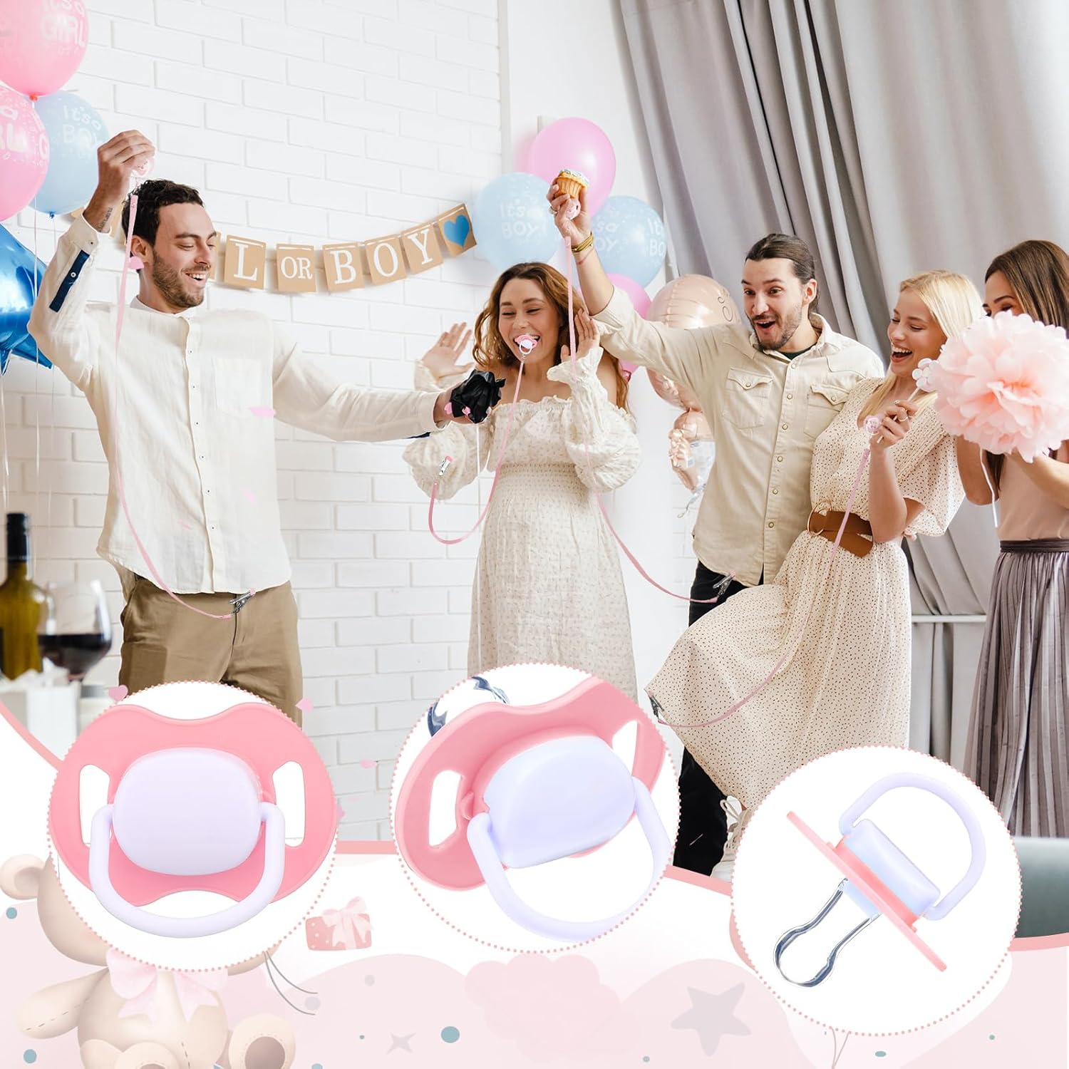 Geelin 12 Sets Swing Pacifier Baby Shower Games Funny Gender Reveal Games, Include 1 Wooden Sign and 12 Plastic Pacifiers for Bridal Baby Shower Gender Reveal Party Women Men(Bear,Pink)