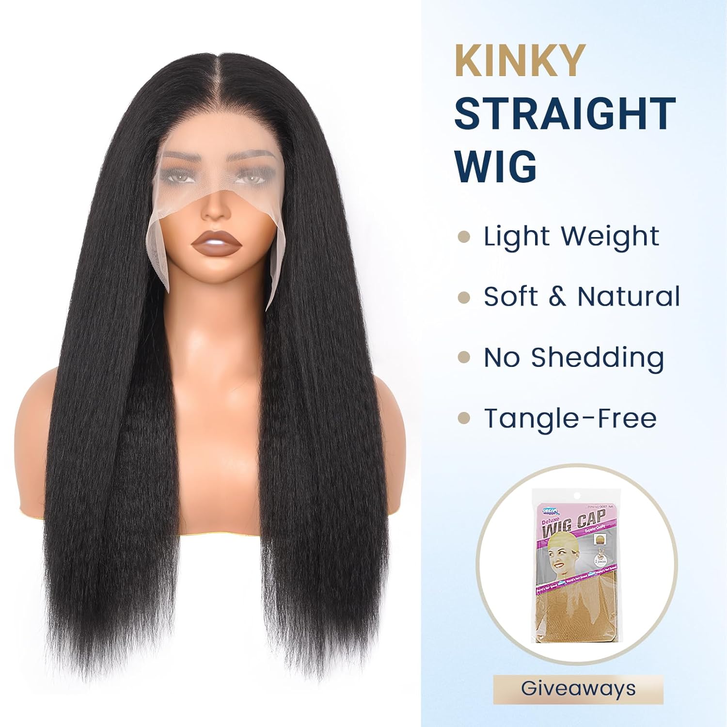 Kinky Straight Lace Front Wigs for Black Women 13x6 Synthetic Lace Front Wig Soft & Natural as Human Hair Long Yaki Synthetic Wig 22 Inch (1B)