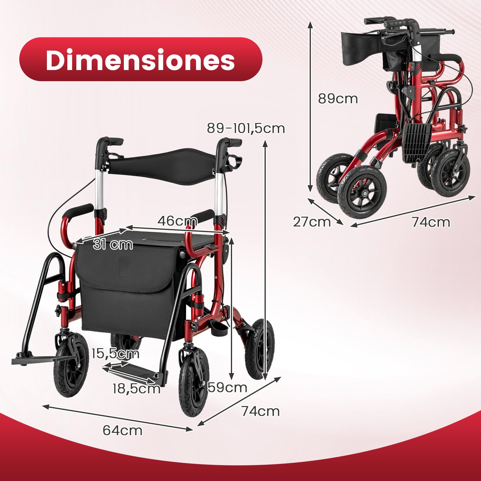 COSTWAY 2 en 1 Andador para Ancianos con Asiento, Taca Taca Adultos Plegable, Silla de Ruedas de Neumáticos, Altura Ajustable, Reposapiés abatibles, Estructura de Aluminio Ligera (rojo)