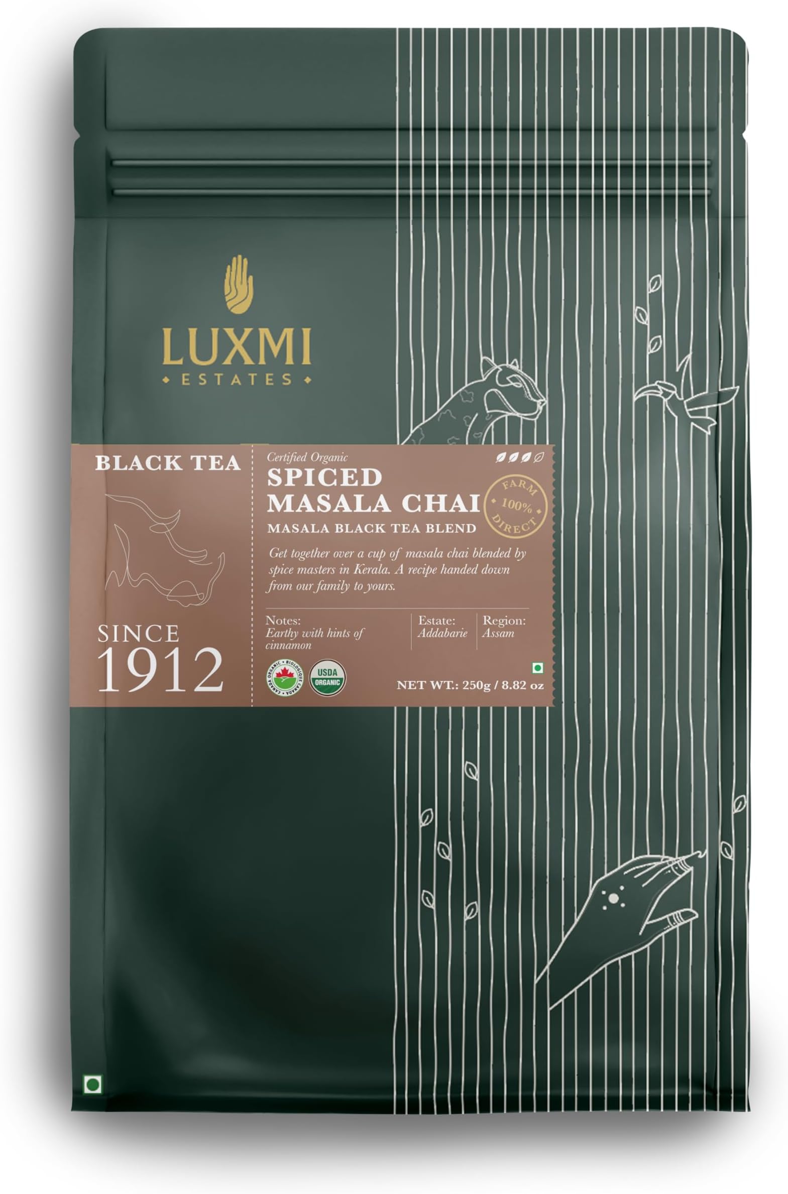 Estates Spiced Assam CTC Masala Chai โ 250g Pack | USDA Organic Black Tea Blend with Cinnamon, Cardamom & Spices | Authentic Indian Chai for Immunity & Wellness
