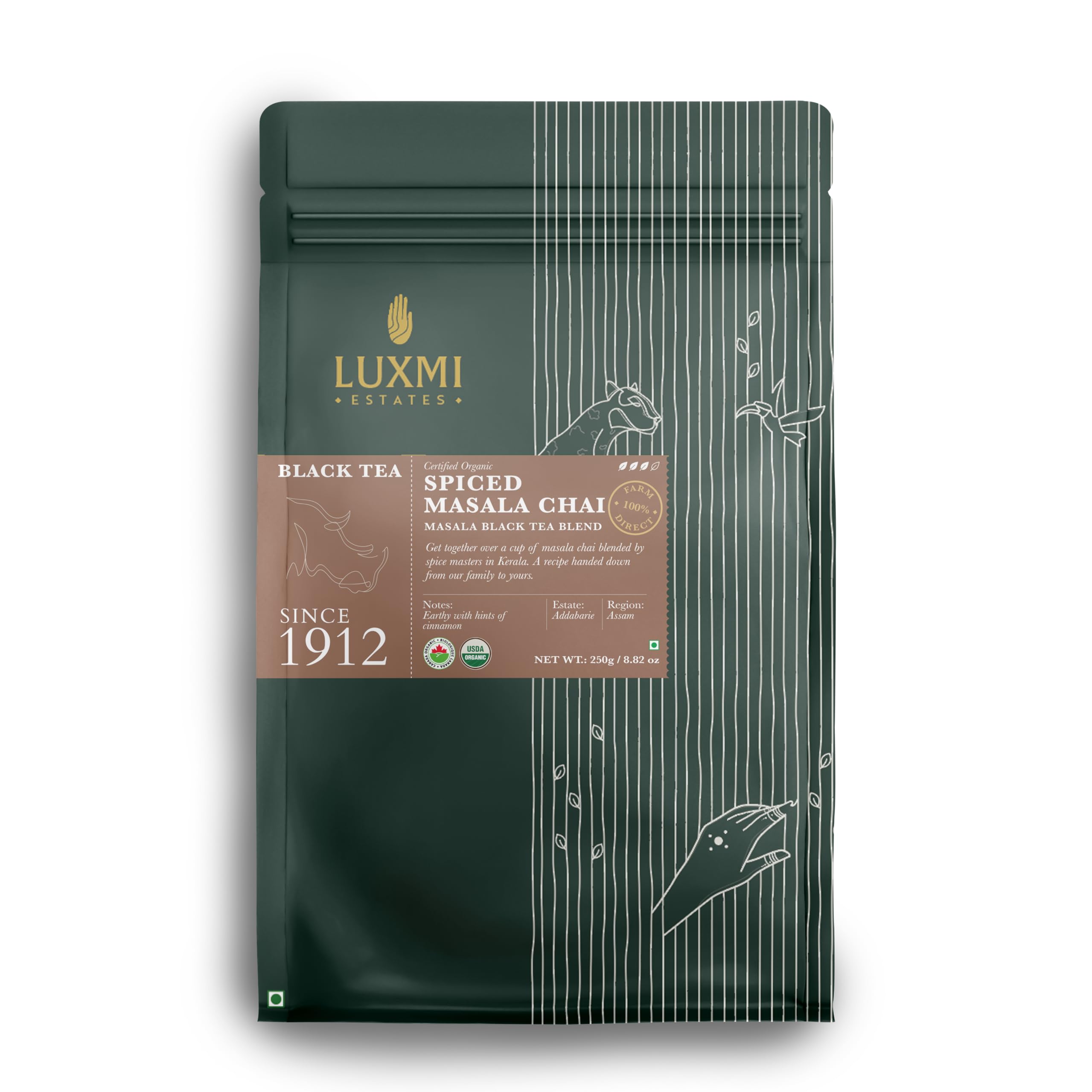 LUXMI Estates Spiced Assam CTC Masala Chai β 250g Pack | USDA Organic Black Tea Blend with Cinnamon, Cardamom & Spices | Authentic Indian Chai for Immunity & Wellness