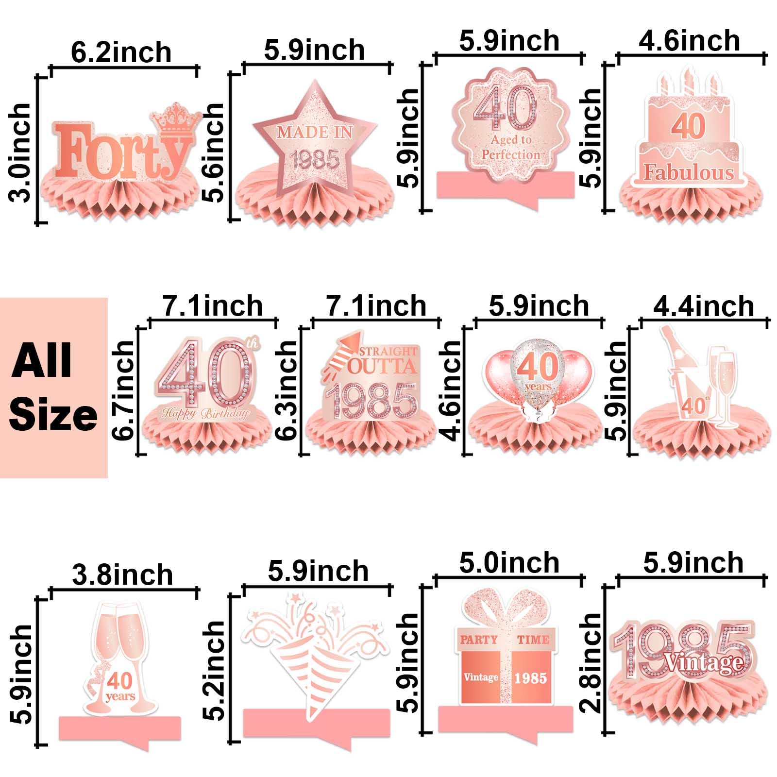 Happy 40th Birthday Rose Gold Table Honeycomb Centerpieces Balloons Theme Decor Table Decorations Table Toppers for Girls Women Sweet Princess 40 Years Old Pink Birthday Party Bday Supplies Ornament