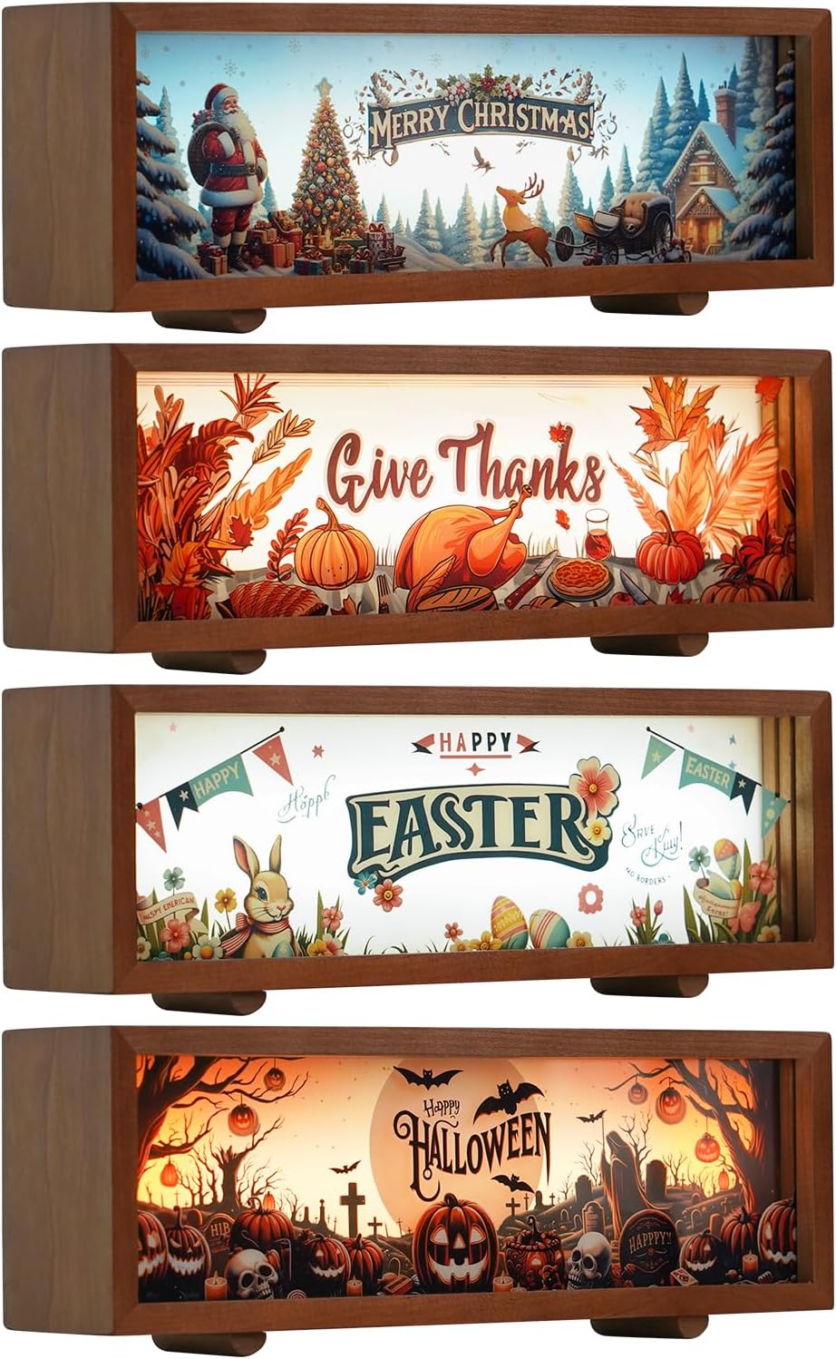 Seasonal Decor Night Light Wood Light Box Christmas 3D Table Lamp with Interchangeable Acrylic Pattern Slides, Holiday Decor Shadow Box Gifts for Thanksgiving Easter Halloween Christmas Festivals-1 Light Box+Acrylic Inserts