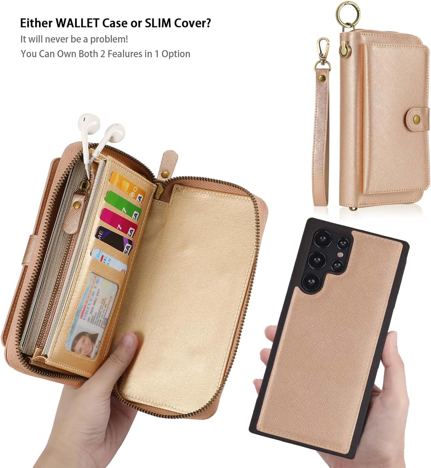 LITOU Compatible with Samsung Galaxy S26 Ultra Phone Case Wallet for Women Men,Detachable Magnetic,Card Holder,Wristlets Zipper Leather Flip Wallet Case.Rosegold
