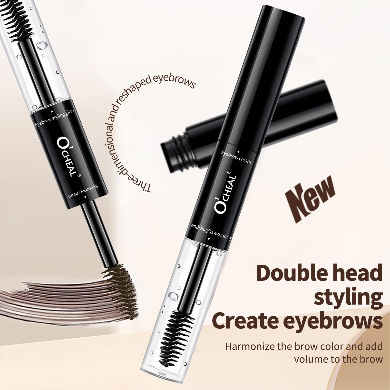 O'CHEAL 2 In 1 Double Head Black Curled Lashes Eyebrow Cream Styling 3D Feathery Wild Brow Wax Eyebrows Brush 02#DARK BROWM