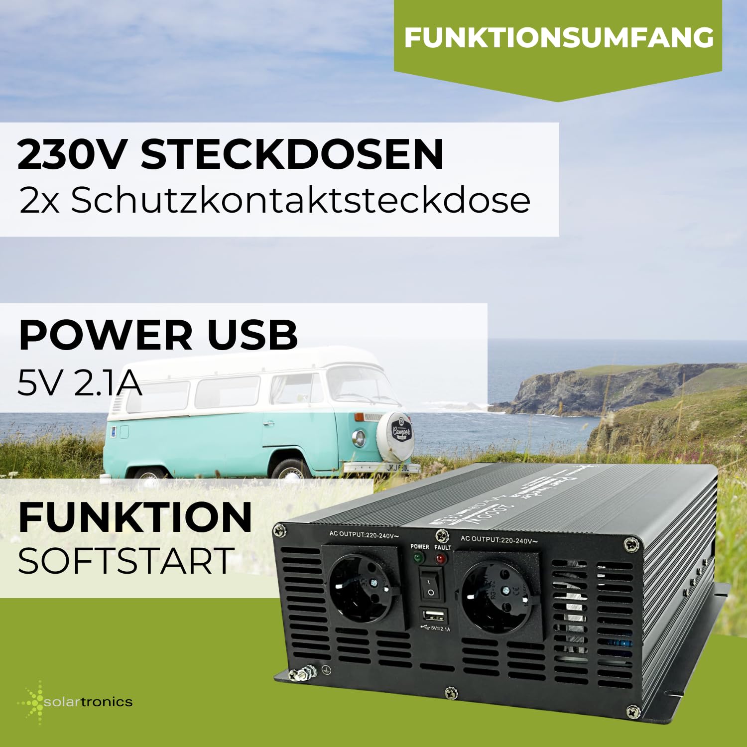 Solartronics NM2000 Transformador de Tensión 24V 230V Modificado Sinus 2000W-4000W Spitzenleistung - Inversor 24V sobre 230V Corriente con Schuko-& USB Conexión Solar Inverter Convertidor