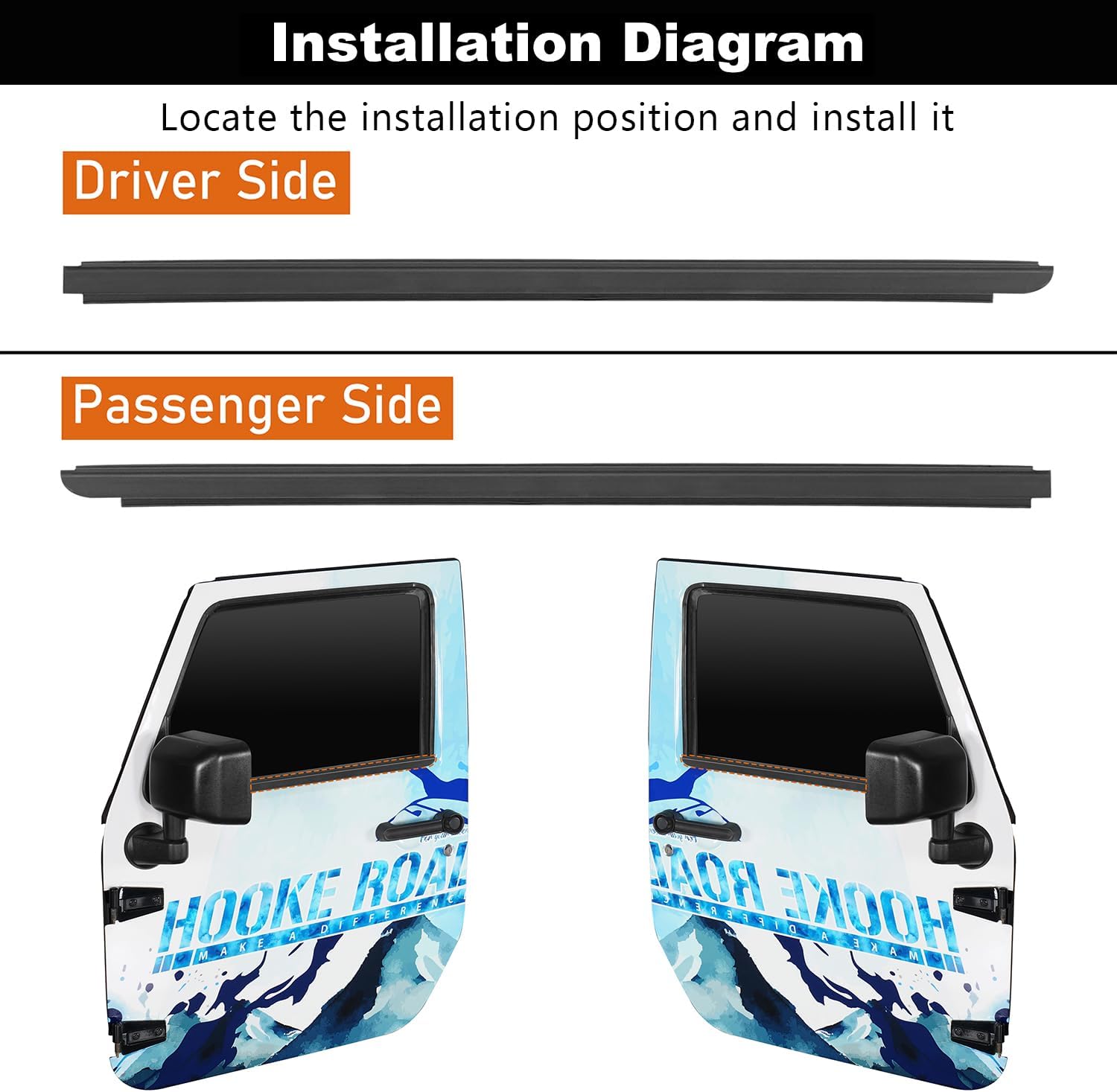 Hooke Road JK Front Door Window Belt Outer Weatherstrips Seal for 2007-2018 Jeep Wrangler JK, OE Reference: 55395268AD & 55395269AD - 2 PCS (Left & Right)