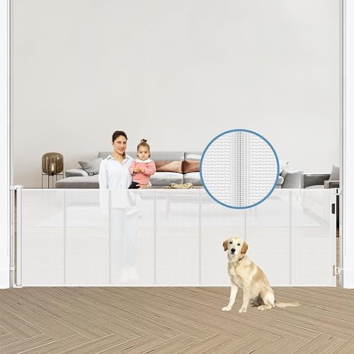 Miniatura 9 de Puerta retráctil reforzada para bebés de 75 pulgadas de ancho con barras de soporte, puertas retráctiles para perros extra largas mejoradas para