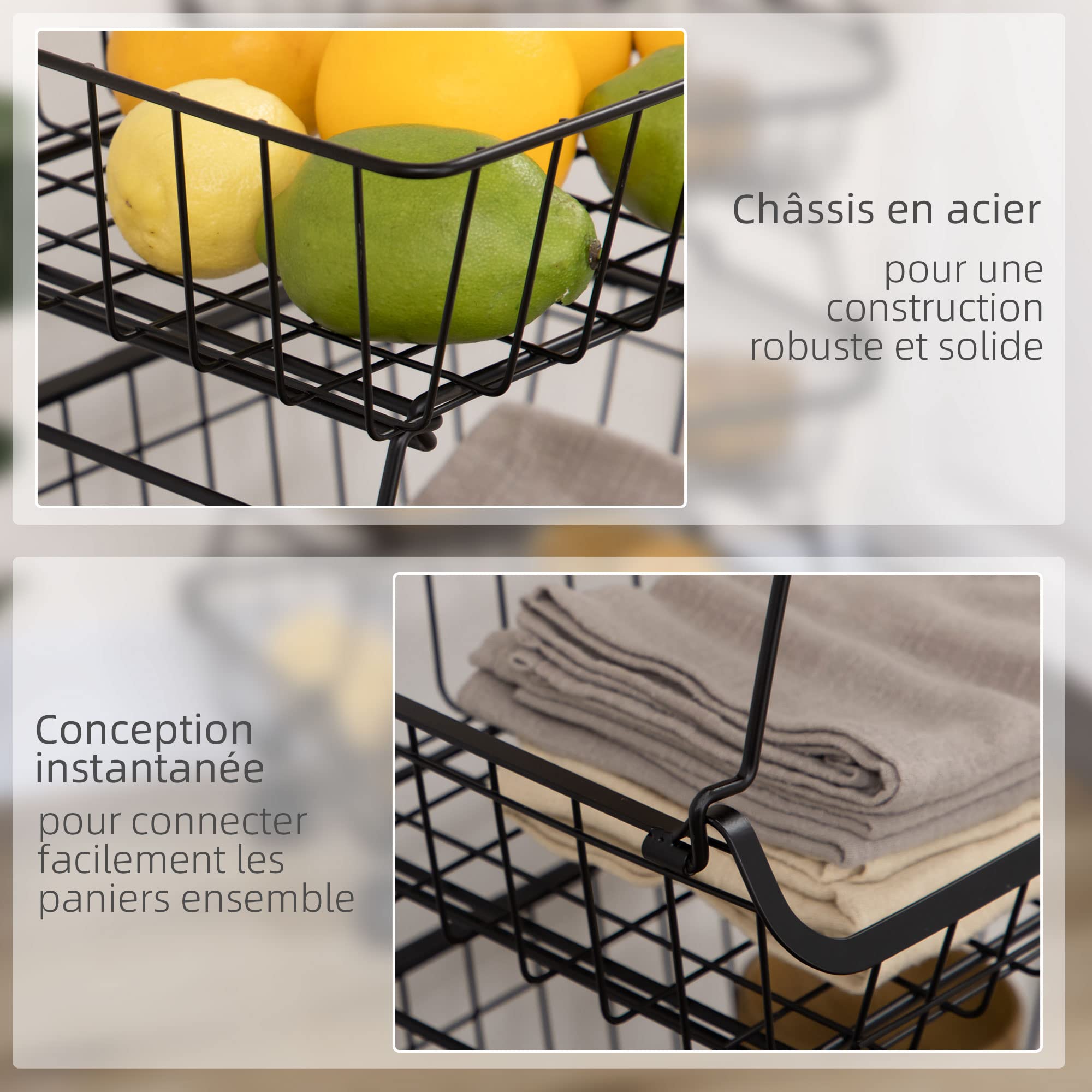 HOMCOM Cesto Portafrutta A 4 Livelli Con Ruote | Carrello Portaverdure Impilabile In Acciaio | Organizzatore Da Cucina, Soggiorno O Camera | 40x28x97 Cm | Nero