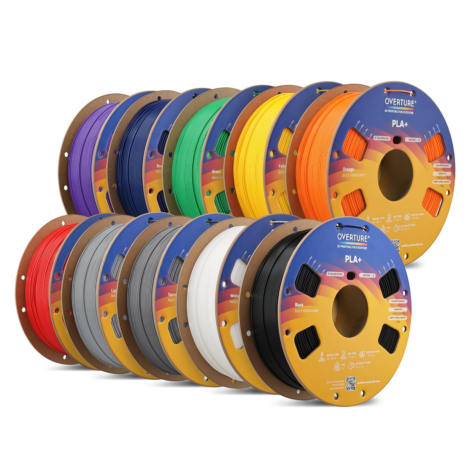 OVERTURE Lote de 10kg de Filamento PLA+ 2.0 de Alta Velocidad Mejorado para Impresora 3D, 1.75mm (Negro+Blanco+Gris espacial+Gris claro+Rojo+Naranja+Amarillo+Verde+Azul+Morado)