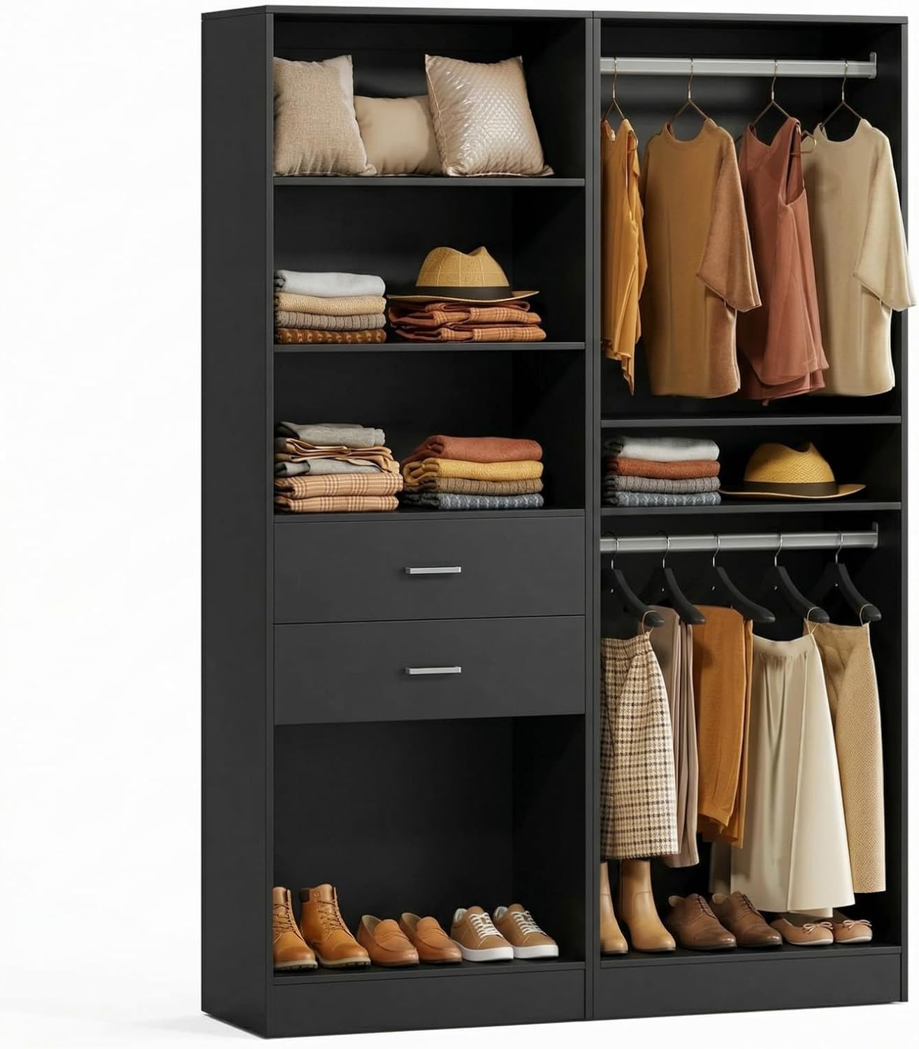 VOWNER 50'' Freestanding Closet System with Drawers & Adjustable Shelves & Hanging Rods, Wood Walk in Closet Organizer System, Shelving Unit, Garment Rack, Armoire Wardrobe Closet Bedroom, Black, AB