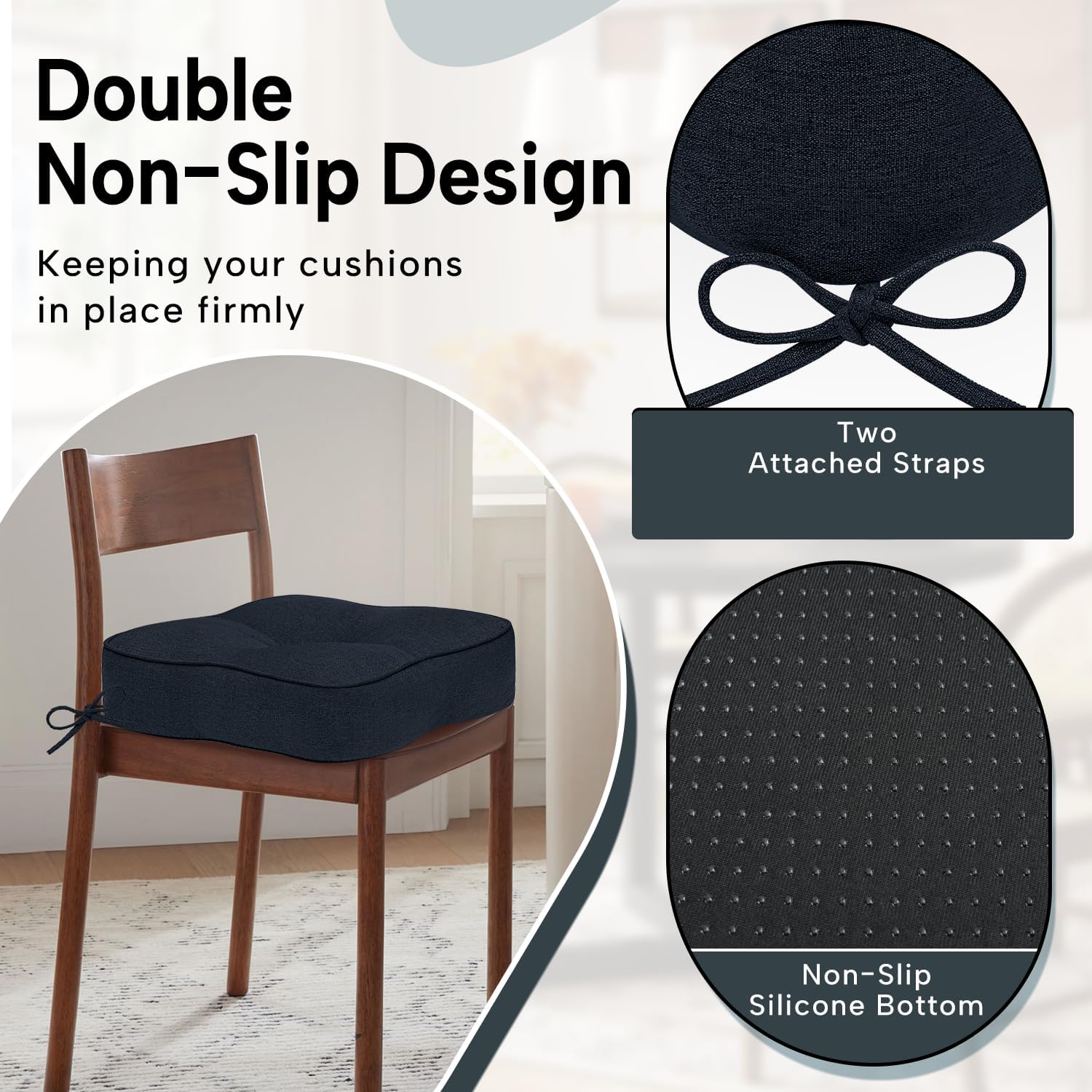 downluxe Thickened Chair Cushions for Dining Chairs Set of 4, Kitchen Chair Cushions with Ties and Non Slip Backing, Tufted Chair Pads 4 Pack, 16.5"X 16.5" X 5", Navy
