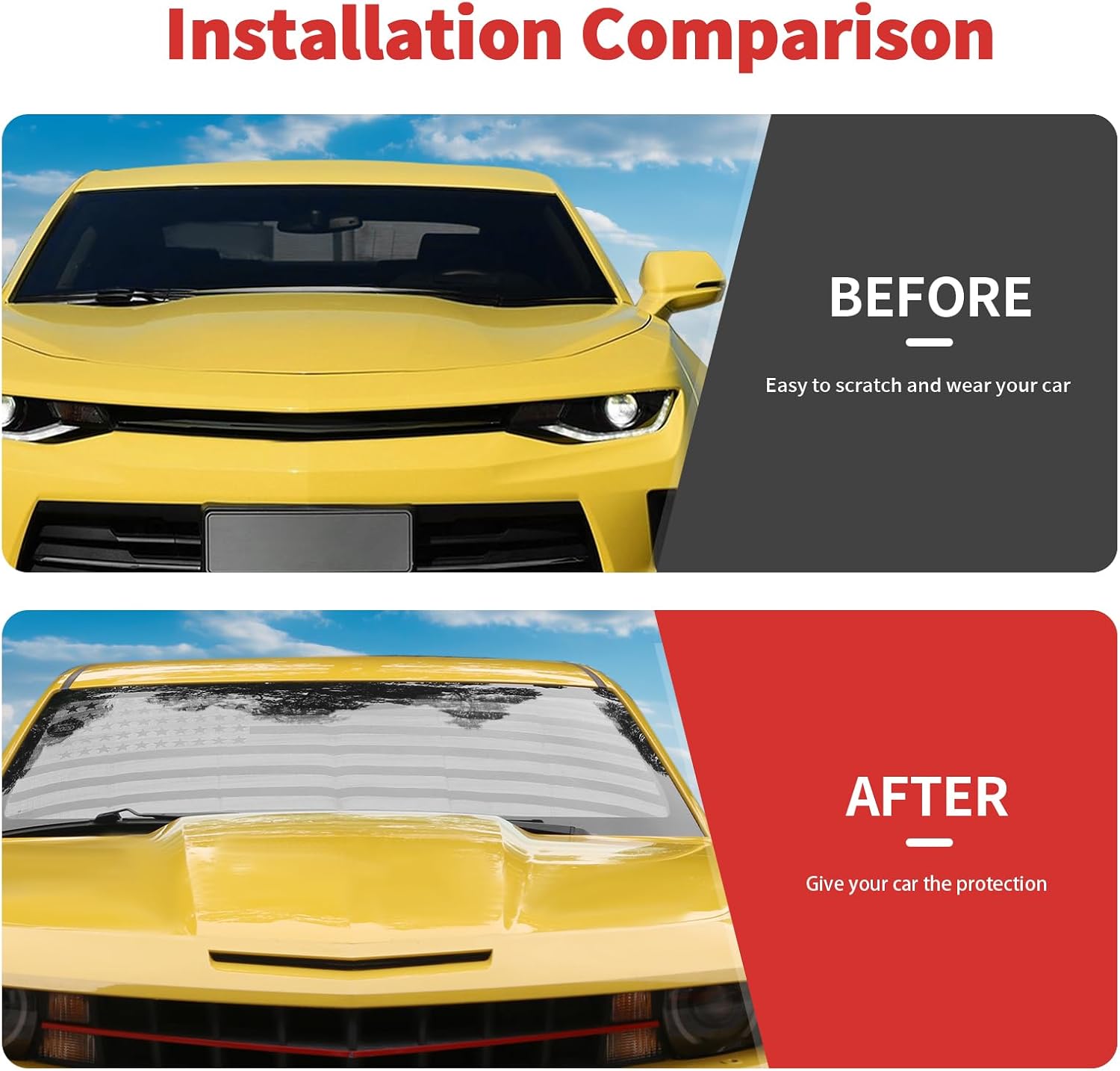 Front Windshield Sunshade Fit for 2010-2015 Chevy Camaro,Foldable Sun Shade Visor, Heat Insulating UV Blocker, Reflective Windshield Cover(Flag)