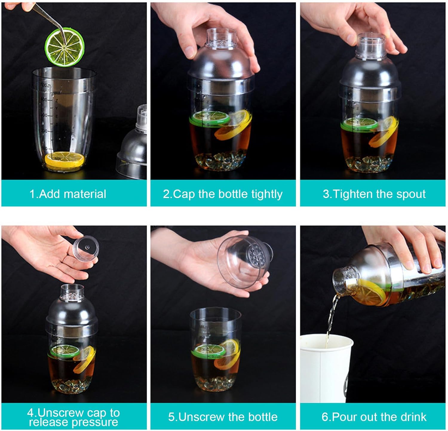12 Pcs Plastic Cocktail Shaker Set, 6 Pcs 17 oz Cocktail Shaker and 6 Pcs Measuring Jigger Set Clear Wine Shaker Bar Mixing Tool Clear Drink Shaker for Kitchen Bar Party Tools
