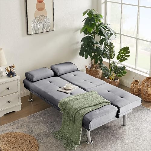 Anwickhomk Fabric Linen Multifunctional Double Folding Sofa Bed for Compact Living Space, Apartment, Dorm, Bonus Room w/Removable Armrests, Metal Legs, 2 Cupholders,Gray