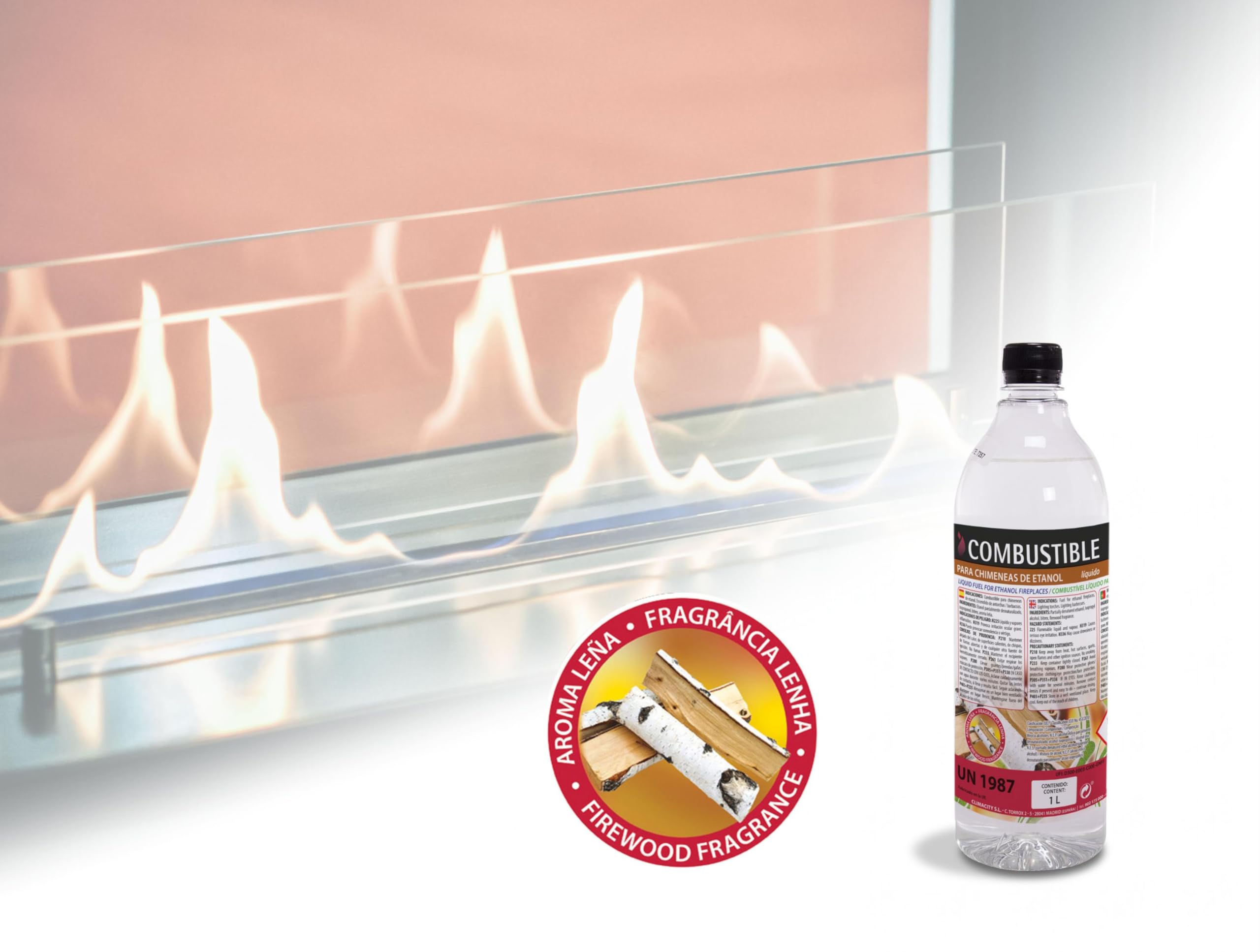 PUR LINE | Combustible etanol vegetal aroma a madera biochimeneas, caja 12 botellas 1L - Combustible Etanol Ecológico, sin humo, elimina olores y recrea ambiente chimenea leña