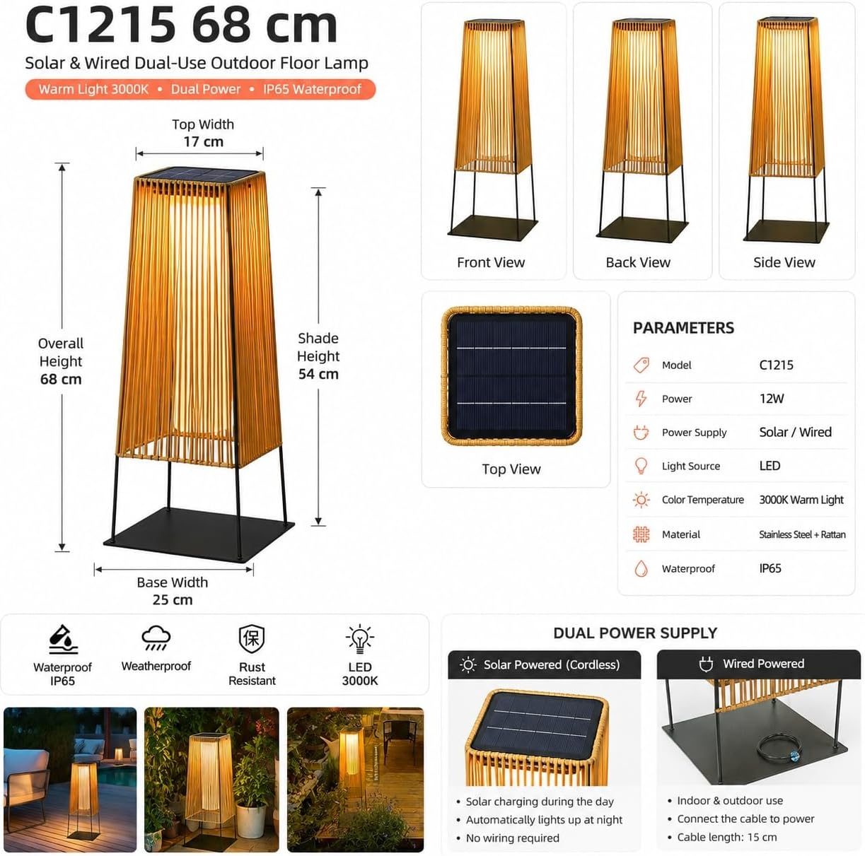 Solar Outdoor Floor Lamp, Woven Rattan Shade for Landscape Lighting | Dual-Charging Lantern for Patio, Deck, Balcony And Poolside, IP65 Stainless-Steel Frame with Screw-Fixed Base(Medium)