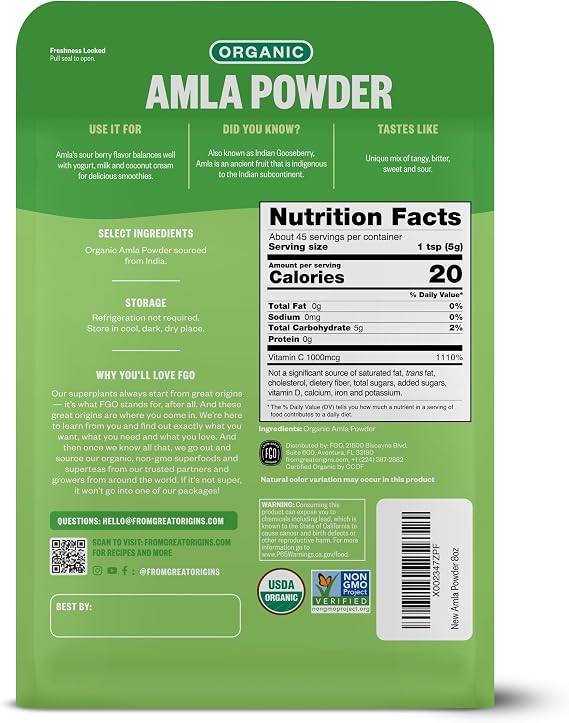 FGO Organic Amla Powder, 8oz, USDA Organic Indian Gooseberry (Amalaki), Non-GMO, Natural Vitamin C - 100% Raw and Natural (Pack of 1)