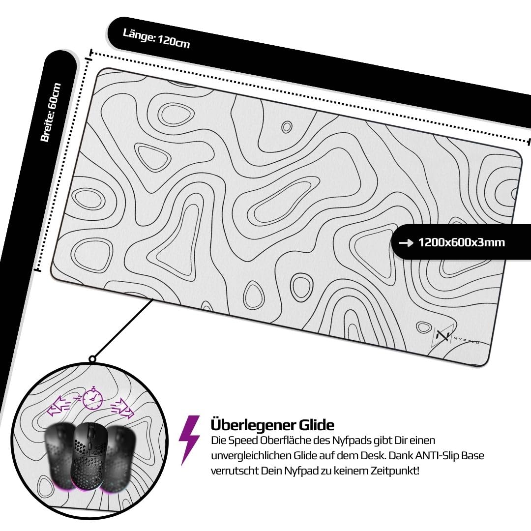 NYFTER - 3XL Gaming Mauspad weiß im Topography design 1200 x 600mm Premium Mousepad Size Groß vernähte Kanten langlebig mit high-end Glide und Anti-Rutsch Speed Gaming Mauspad