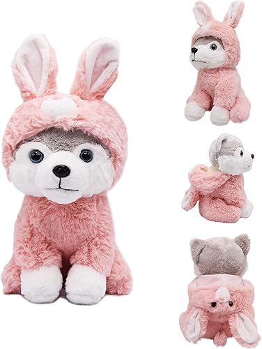 BABOLI Cuddly Husky - Peluche de animales suaves con adorable ropa de estilo conejo, súper lindo animal de peluche para regalos del día de Pascua o