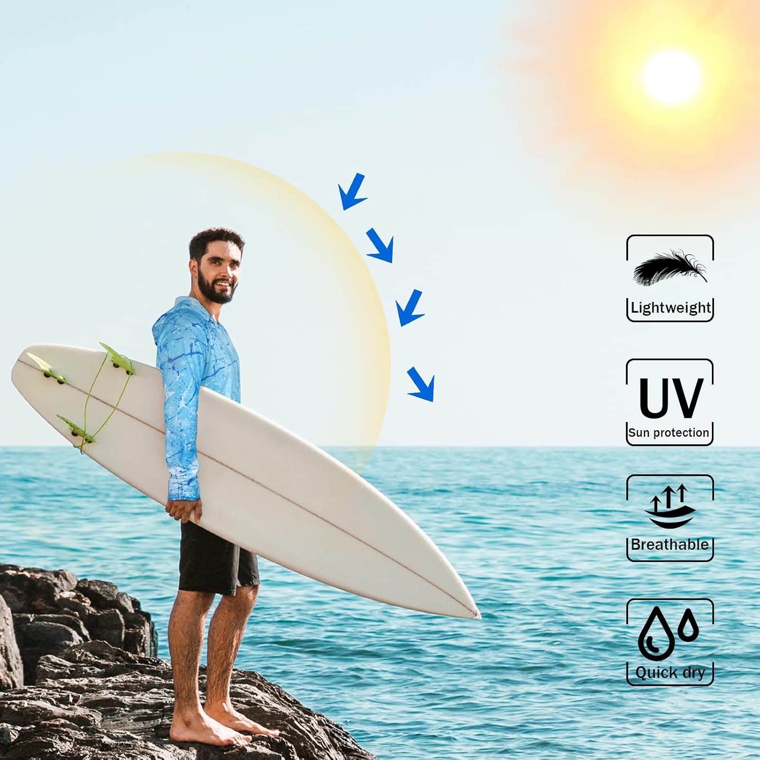 Men's UPF 50+ Sun Protection Hoodie, Long Sleeve Fishing Shirt | Lightweight, Quick Dry, Breathable, Moisture Wicking, 4-Way Stretch, Thumb Holes, Hiking, Beach, Swimming, Water Sports image 5