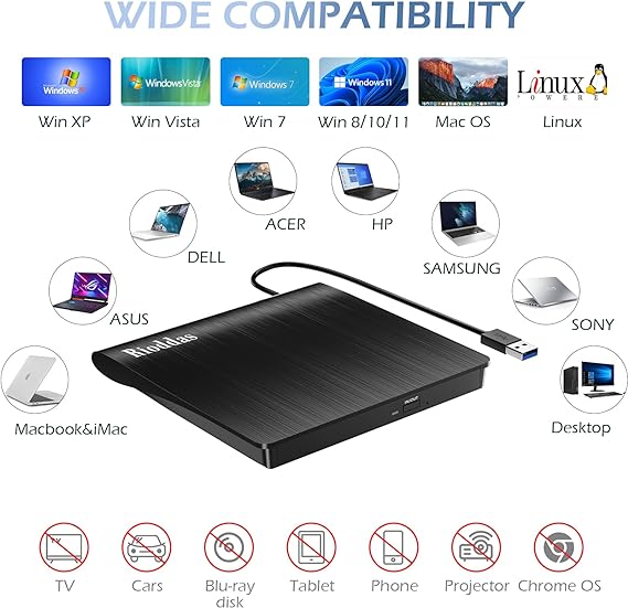 Rioddas External CD/DVD Drive for Laptop, USB 3.0 CD DVD Player Portable +/-RW Burner CD ROM Reader Writer Disk Duplicator Compatible with Laptop Desktop PC Windows Apple Mac Pro MacBook Linux