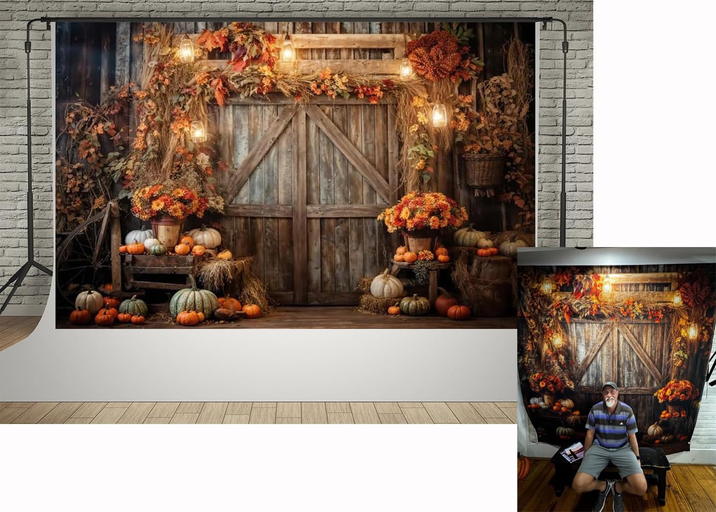Kate 7x5ft Autumn Thanksgiving Farm Pumpkin Lanterns Decoration Photography Backdrops Rustic Wooden Door Fall Yellow Flowers Leaves Pumpkin Harvest