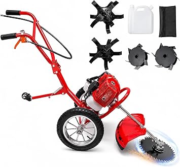 49cc 2 Stroke Hand Push Weeder, 2 in 1 Lawn Mower with Soil Loosening, Red