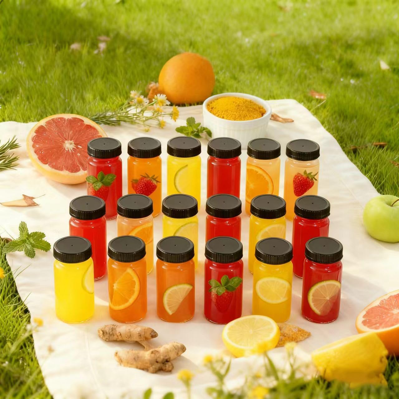 12 Pack 2 oz Glass Shot Mini Bottles with Black Lids - Reusable Leakage-Proof Small Clear Jar for Ginger, Wellness Shot, Juice, Sample, Whiskey, Essentials - Wide Mouth Containers, Dishwasher Safe - Image 6