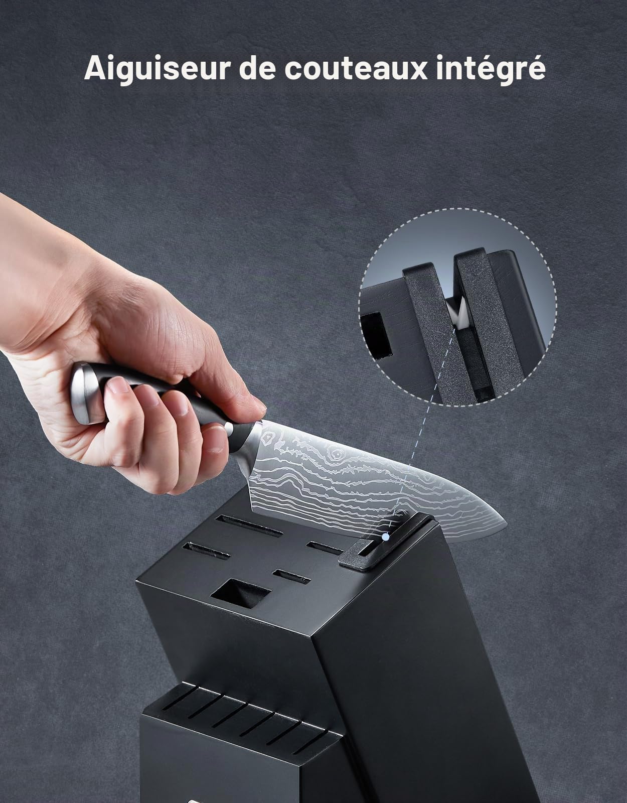 VINATO Set de Couteaux de Cuisine 14 Pièces avec Aiguiseur Intégré – Bloc à Couteaux en Bois avec Lame Damassée – Couteaux Professionnels Très Tranchants – Cadeau Cuisinier