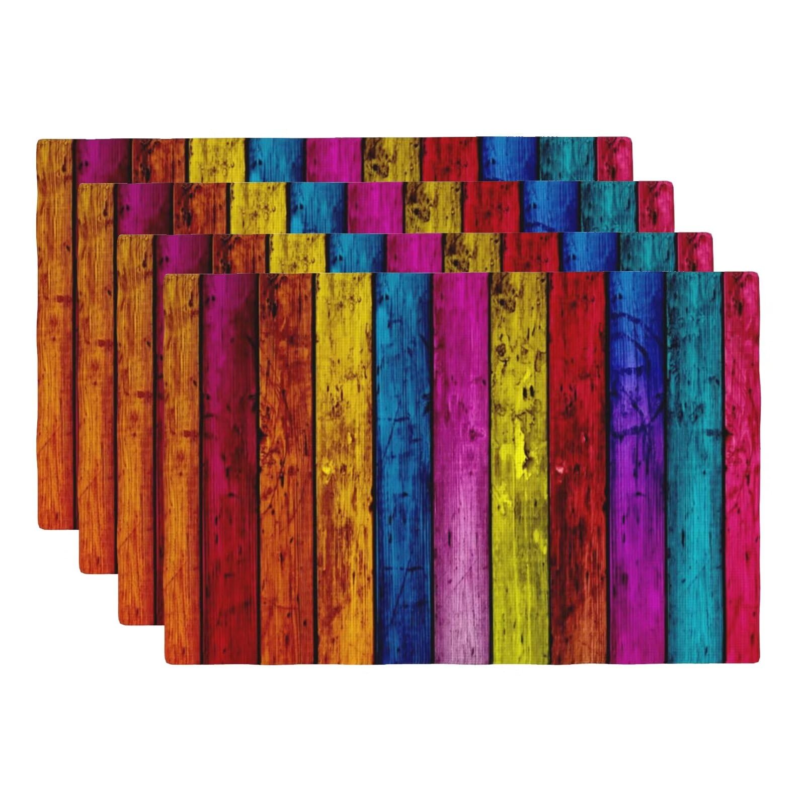 Vigginer Multicolor Retro Colorful Wood Stripes Placemats Set Of 4 Color Board Linen Washable Dark Placemat Kitchen Dining Heat-Resistant Place Mats Desktop Decor Table Mats 12X18 Inch