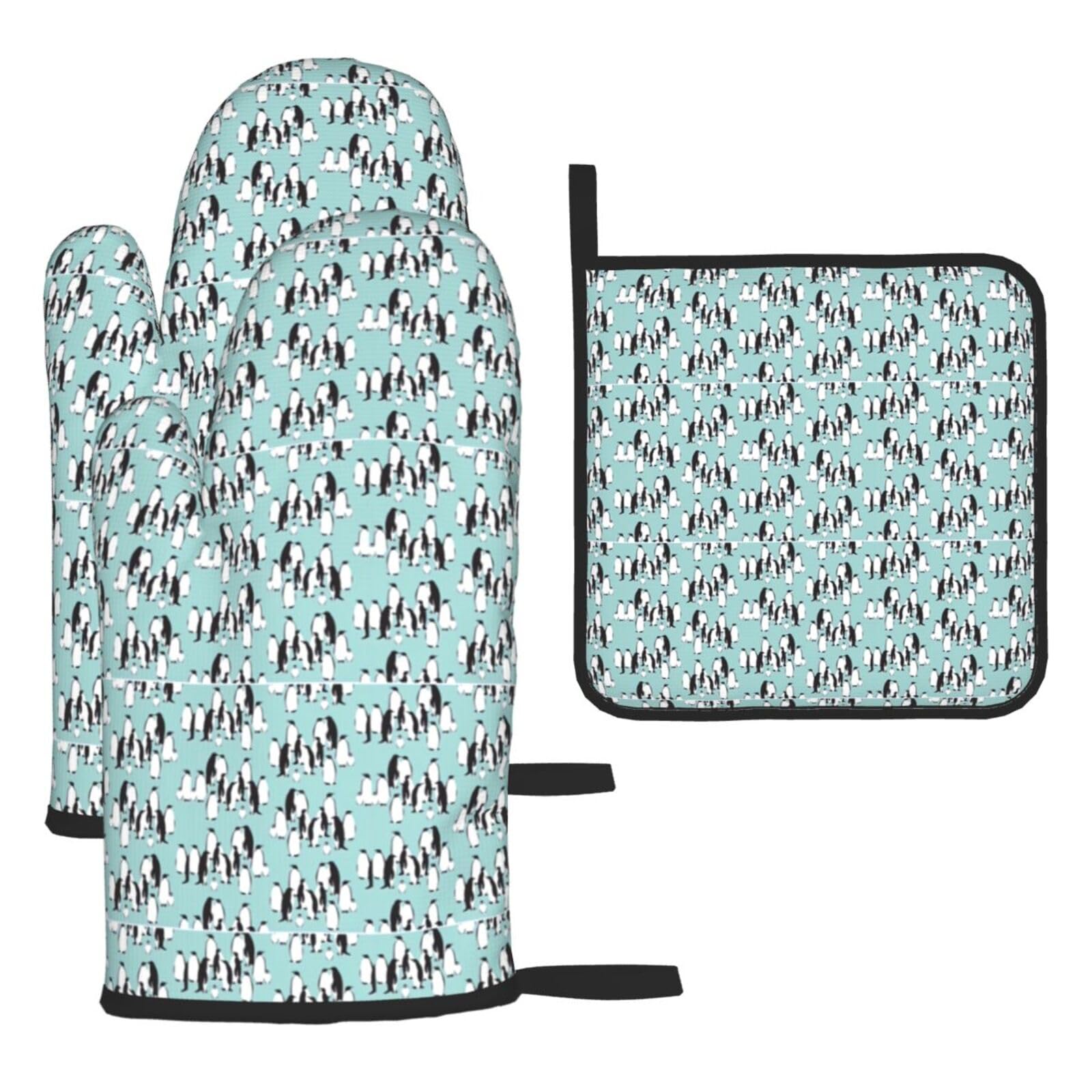 Cute Penguins Print Oven Mitts Kitchen Gloves Set Everyday Baking Grilling Microwaving Cooking Gift