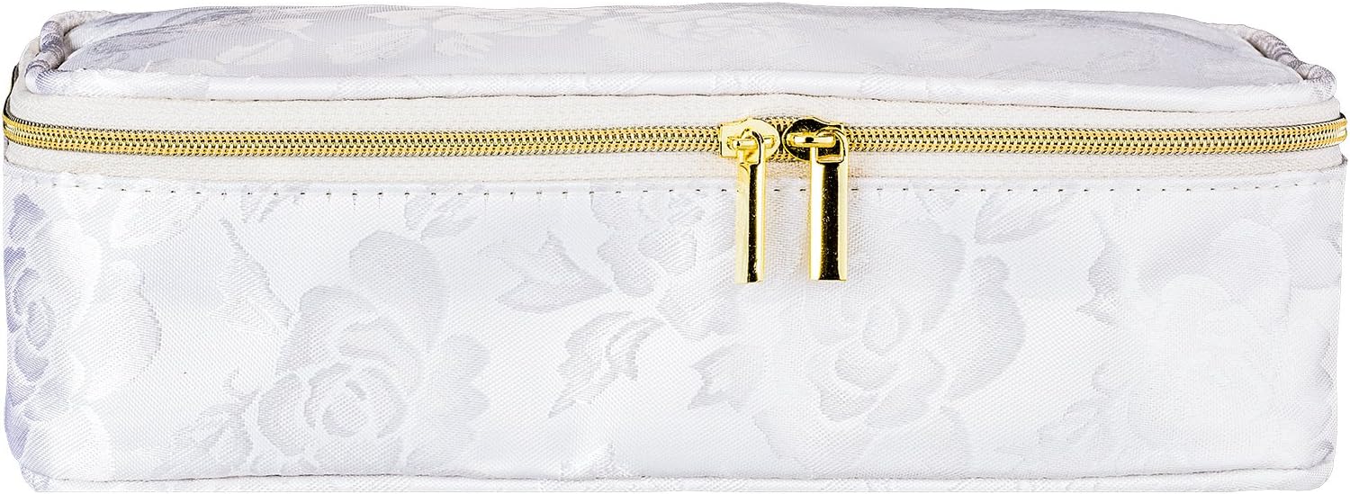 Makeup Bag Cosmetics Storage Organiser – Travel Toiletry Bag for Women, Large Make Up Bag, White Rose Travel Case with Zipper, Makeup Brush Holder, Waterproof Wash Bag, Perfect Gift Pouch for Ladies