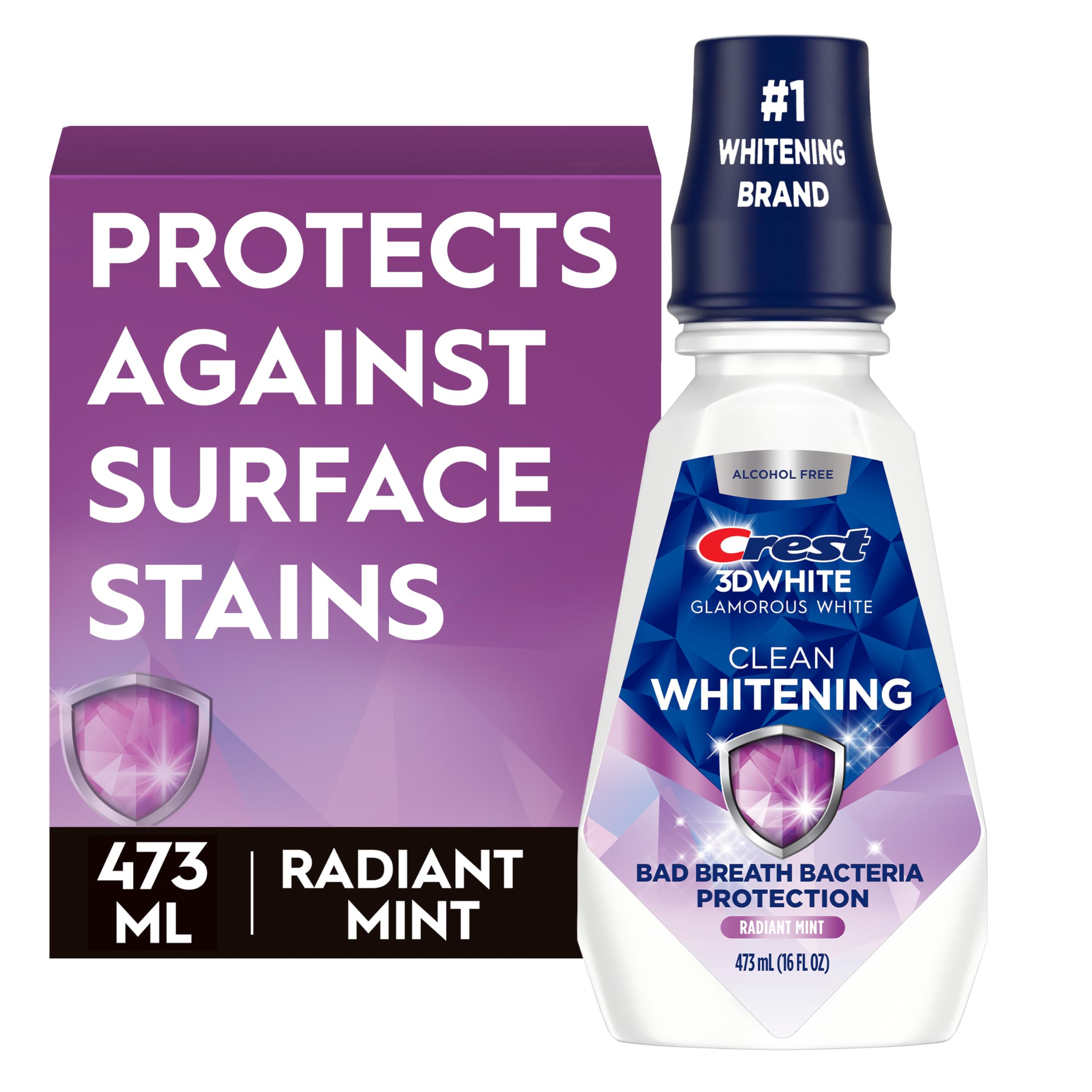 3D White Glamorous White Alcohol Free Multi-Care Whitening Mouthwash, Hydrogen Peroxide Mouthwash, Arctic Mint, 16 fl oz (473 mL) - Pack of 4, Crest Mouthwash