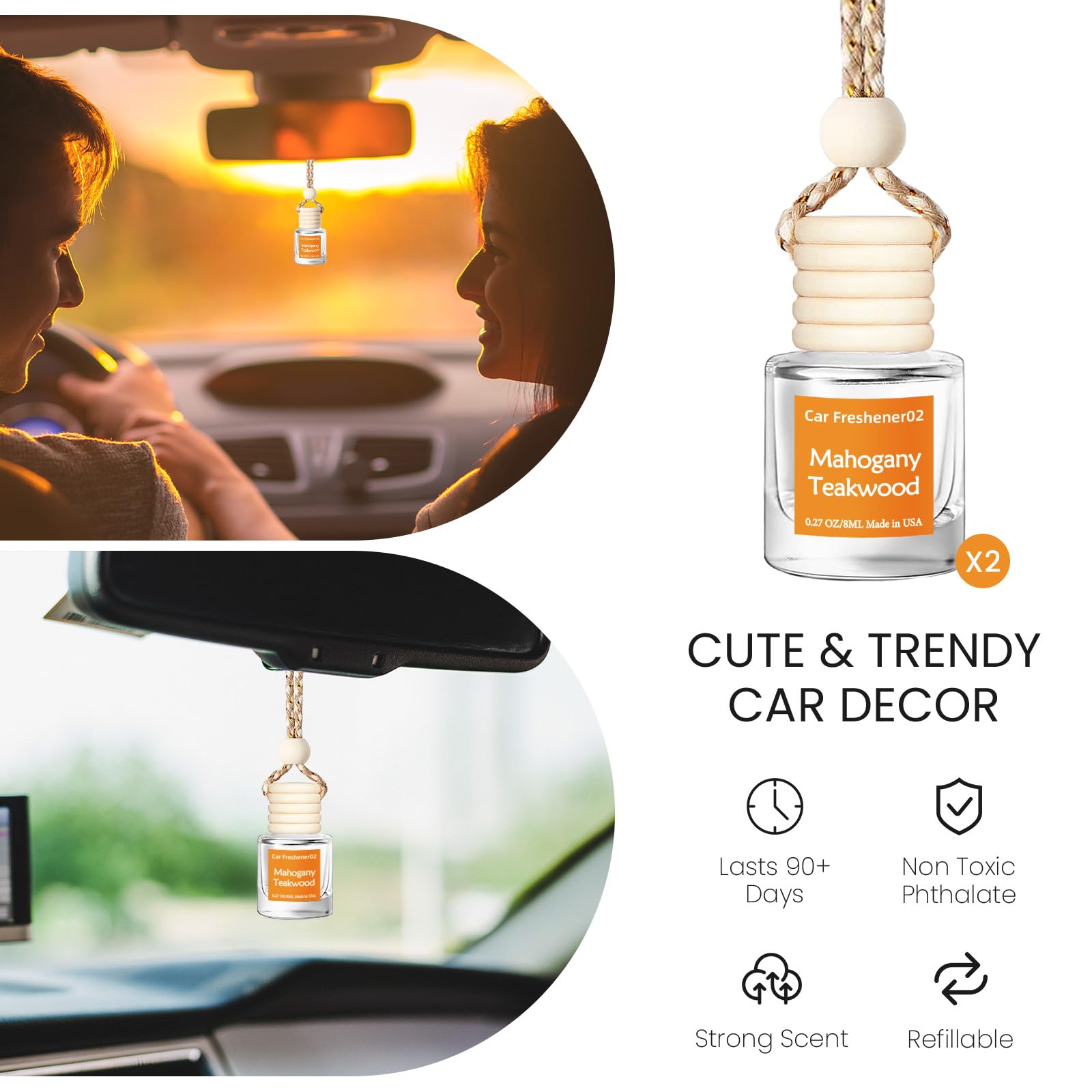 Hanging Car Air Freshener, Long Lasting Scent, Cute Air Fresheners for Women, 2 Pack Non-Toxic Essential Oil Diffuser, Made in USA
