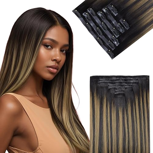 Invisi-edge Clip in Hair Extensions Human Hair, Injected Seamless Clip ins, Ultra-thin PU Weft, 16 inch 110g 7pcs, Balayage Natural Black to Chestnut Brown, Straight, Clip-in Real Human Hair