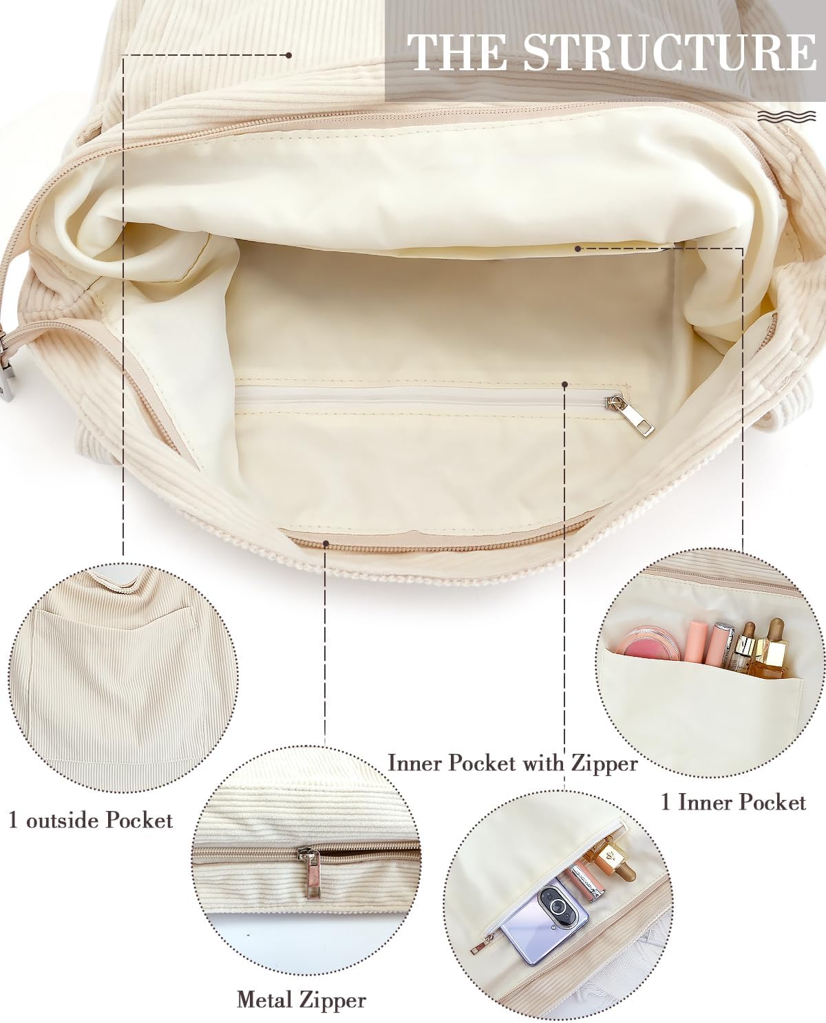 MAMUNU Corduroy Tote Bags for Women, Large Capacity Shoulder Handbag, Women Tote Bag with Pockets for Shopping Travel Office - Image 5