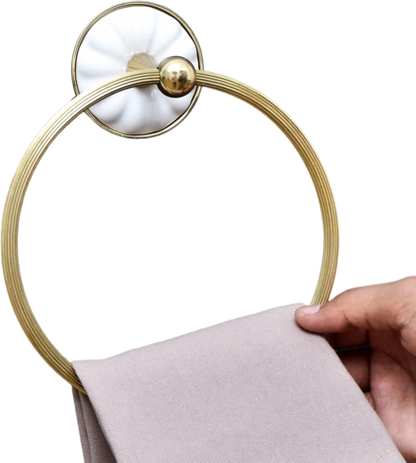 IndianShelf Premium Unique White Ceramic Brass Towel Ring Decorative Bathroom Hardware