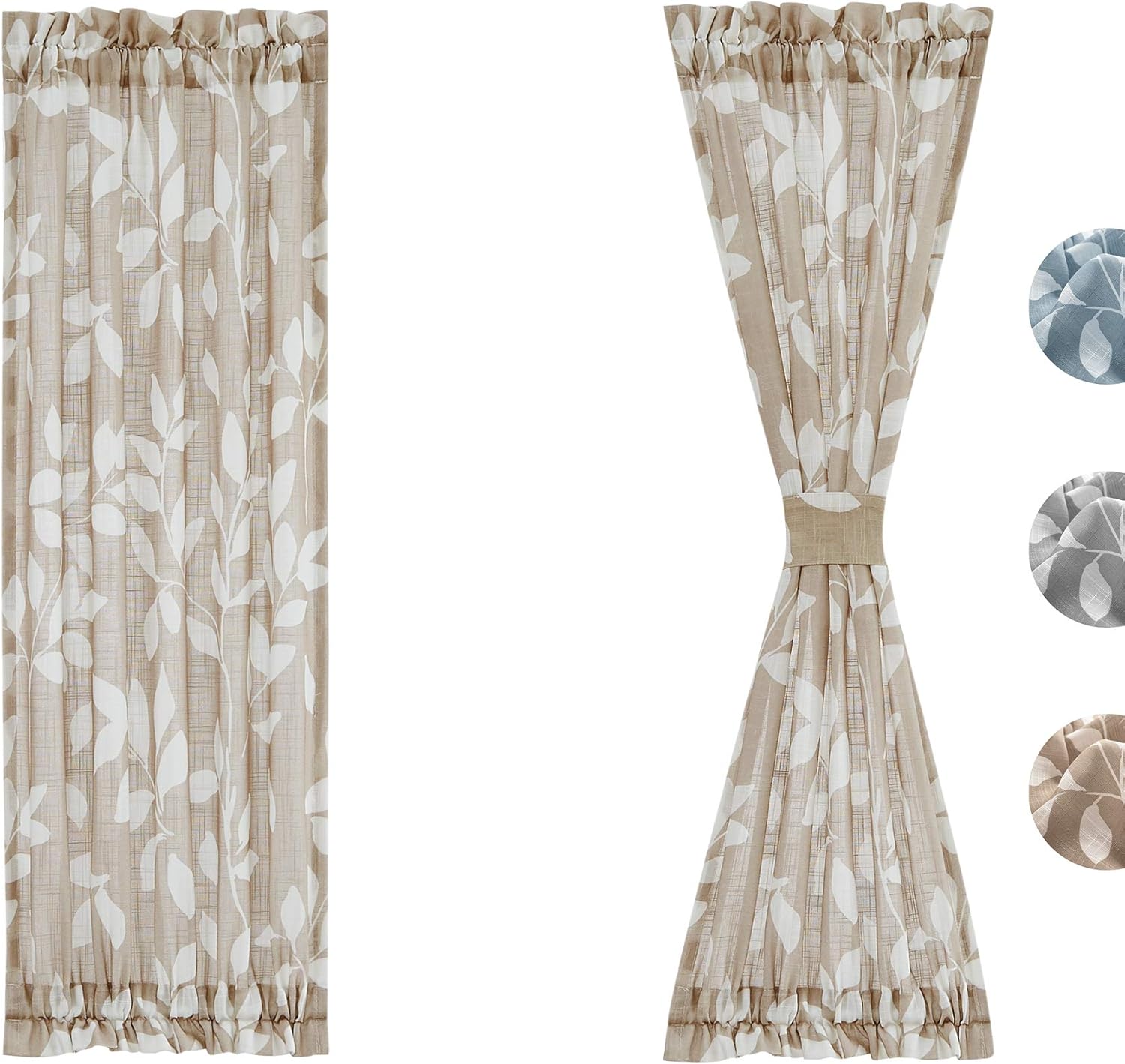 Treatmentex Sidelight French Door Panels 72inches Long Leaf Print Design Narrow Side Door Window Curtains for Front Back Glass Doors Linen Textured Taupe 26″ W x 1Pair